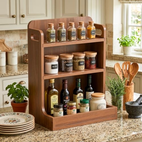 Solid Wood 3-Tier Spice Rack Countertop Organizer Kitchen Storage Shelf | Sturdy wood desktop shelf for spices, coffee bars & bathroom vanities. Features portable handles & full back stability.