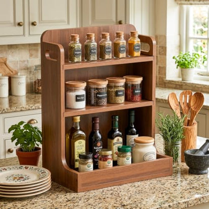 Solid Wood 3-Tier Spice Rack Countertop Organizer Kitchen Storage Shelf | Sturdy wood desktop shelf for spices, coffee bars & bathroom vanities. Features portable handles & full back stability.