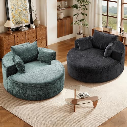 55" Oversized Round Chaise Longue Chair Indoor, Upholstered Chenille Circle Single Cloud Reading Sofa Chair Deep Seat Modern Boneless Sleeper Couch No Assembly Required, Black - color: Black, style: 55"Chenille