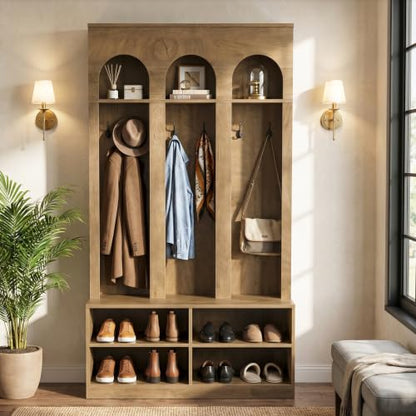 LITTLE TREE Hall Tree with Shoe Storage, Entryway Bench with Coat Rack | 6 Double Hooks, Entryway Storage Furniture, Mudroom Bench with Storage and Hooks, Farmhouse Hall Tree, Hallway Tree, Brown