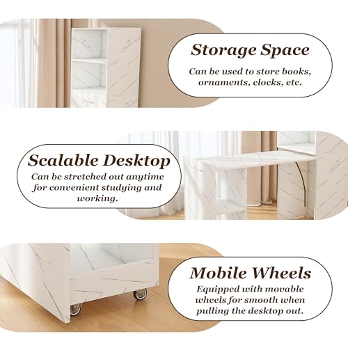HRVEOCEI Bamboo Fold Out Desk with Storage, Mid Century Hideaway Desk for Small Spaces, Folding Computer Desk for Home Office Bedroom Apartment, Space Saving (White Marble) - color: White Marble