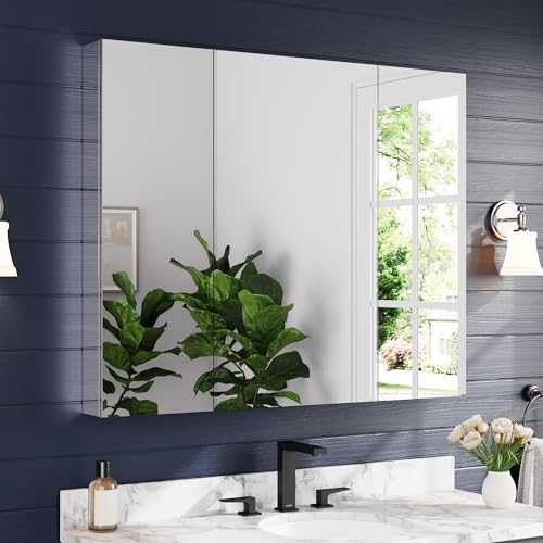 44"x36" Medicine Cabinet with Mirror & Soft Close Hinges, Surface Mount or Recessed Medicine Cabinet with Adjustable Shelves, Bathroom Wall Medicine Cabinet with Storage, Aluminum Alloy Frame, Combo - size: 44" x 36"