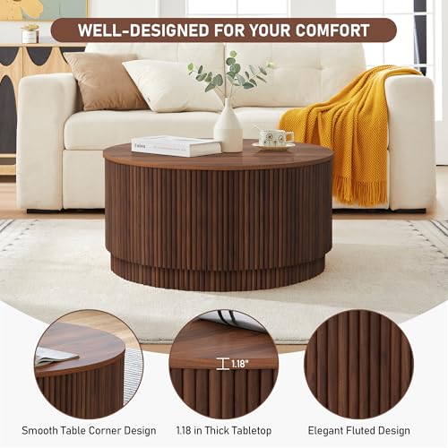 31.5" Round Coffee Table with Storage, Mid Century Modern Coffee Tables with Fluted Base, Wooden Circle Accent Center Table for Living Room Small Space Apartment Office (Walnut) - color: Walnut 31.5" Round Flip-top