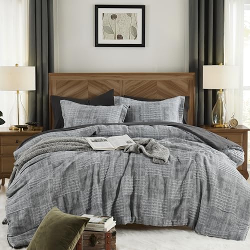 MaiRêve Full Comforter Set Crinkle Textured Charcoal Grey Bedding 7 Pieces | All Season Bed in a Bag for Men with Comforter, Sheets, Pillowcases & Shams - color: Charcoal Grey, size: Full