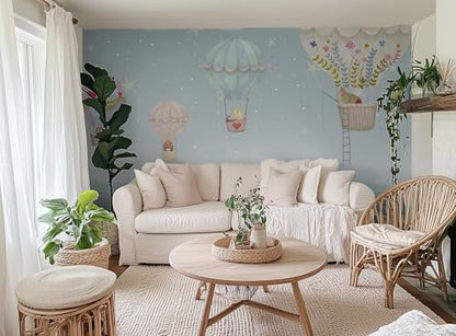 ASJ Kids Nursery Peel and Stick Wallpaper Mural, Hot Air Balloon Bear Blue | Seamless edge-to-edge match. Ocean waves & fish dreamy artwork, 98x62 in, premium fabric, boys girls playroom. - color: Soft Blue, size: 98" x 62"