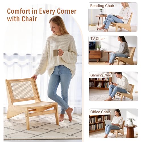 MBOOYOME Mid Century Modern Accent Chair, Compact Low-Profile Lounge Chair | Solid Wood Armchair with Woven Rattan Cane Seat and Back for Small Spaces, Bedroom, Reading Nook and Living Room, Wood - color: Wood
