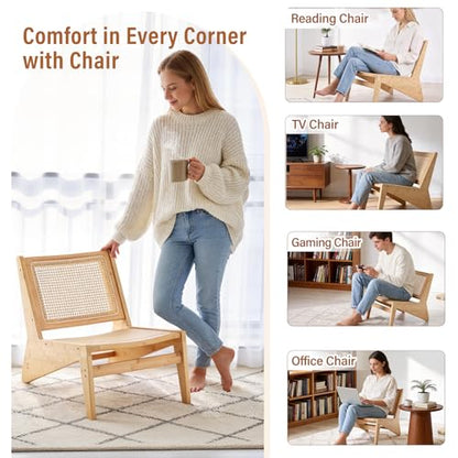MBOOYOME Mid Century Modern Accent Chair, Compact Low-Profile Lounge Chair | Solid Wood Armchair with Woven Rattan Cane Seat and Back for Small Spaces, Bedroom, Reading Nook and Living Room, Wood - color: Wood