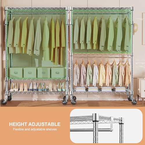 M MZG Heavy Duty Rolling Garment Rack 3 Tiers Adjustable Wire Shelving Clothes Rack with 2 Rods and Side Hooks, Storage Closet Clothing Rack with Wheels Chrome 17.7" D x 47.2" W x 83.6" H - color: Chrome, size: 3 Tiers with 2 rods, 17.7"D x 47.2"W x 83.6"