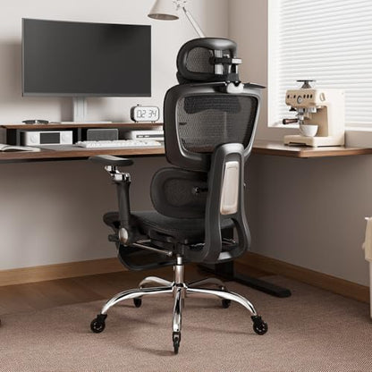 Office Chair with Footrest, Ergonomic Chair with 3D Headrest, Computer Chair with Adjustable Backrest & 6D Armrest, Gaming Chair with Adaptive Lumbar Support, Adjustable Seat Depth, Black - color: Black, style: Plus
