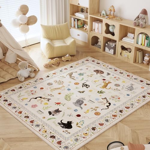 Rugcomf Bedroom Rug 3x5 Rug Washable Area Rug Non Slip Low Pile Boho Floral Animal Cat Small Carpet for Bedroom Bedside Kitchen Entryway Kids Room Office College Dorm Essentials for Girls, Beige - color: Beige/Cat, size: 3' x 5' (Rectangular)