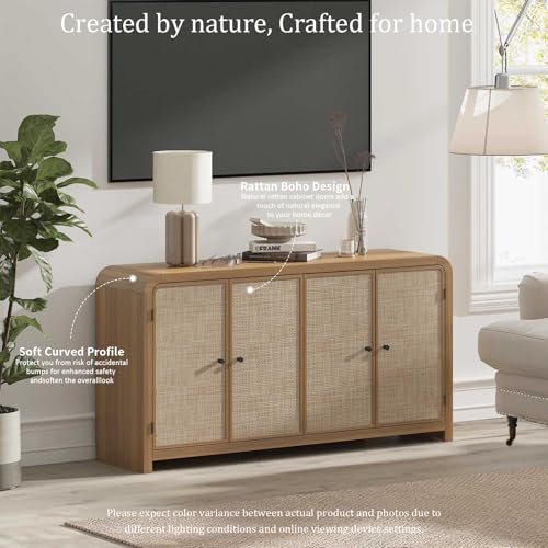 Oak&Sparrow Oak Rattan Sideboard Buffet Cabinet, 60'', 4 Doors | Boho Style, Adjustable Shelves, With Storage, For Living Room, Hallway & Kitchen - color: Natural Oak