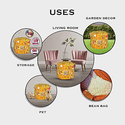 Indian Pouf Footstool, Ethnic Embroidered Pouf Cover - Cotton Round Ottoman - Yellow, 18x13 - color: Yellow, size: 13"D x 13"W x 18"H