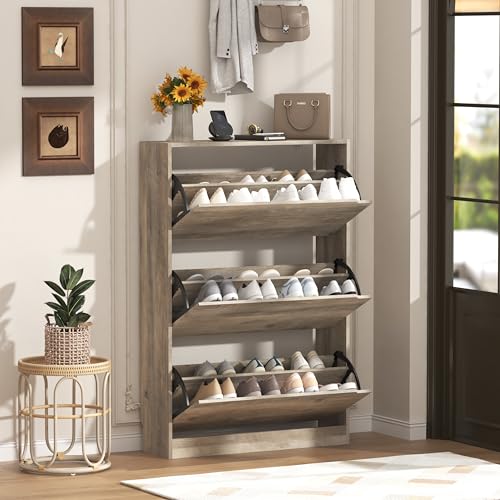 Narrow Shoe Cabinet for Entryway, Slim Shoe Storage Cabinet with 3 Flip Drawers, Hidden Wood Shoe Cabinet Storage, Freestanding Shoe Rack Organizer Foyer, Hallway, Grey - color: Grey, style: Hidden 3 Drawers