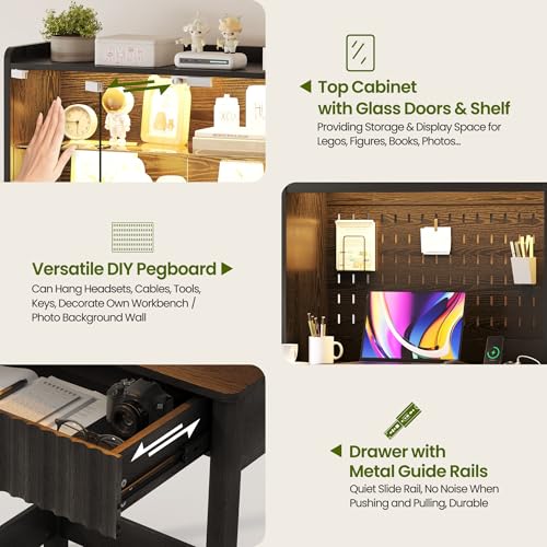 Lvifur Writing Desk with Power Outlet - Small Study Desk with LED Lights, Home Office Desk with Drawer & Hutch & Pegboard, Space Saving Study Table Work Station for Dorm, Living Room (Black) - color: Black86023
