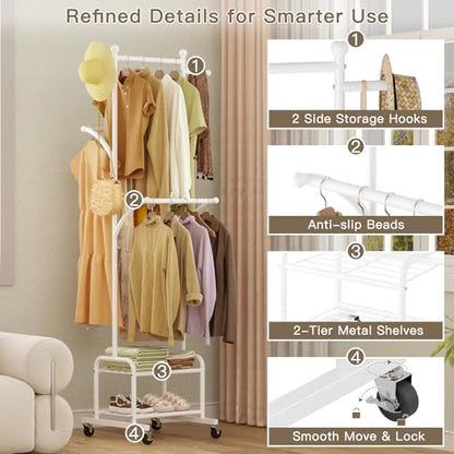 Rolling Clothes Rack with 2 Shelves, Small Metal Clothing Rack with Wheels | Gasvadivum 71" Tall Sturdy Garment Rack with 3 Hanging Rods, Freestanding Portable Coat Rack for Laundry Room, Bedroom, White - color: White