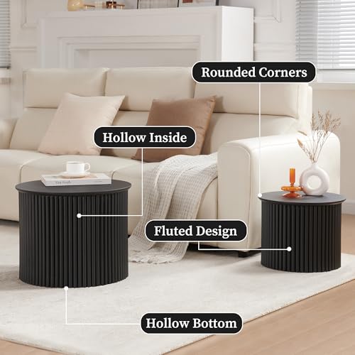 Round Nesting Coffee Table Set of 2, Small Fluted Coffee Table Circle Side Table, Mid Century Modern Wood Nesting Tables Farmhouse End Table Set for Living Room, Bedroom, Small Spaces(Black) - color: Black, size: Small-Fluted
