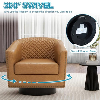 Faux Leather Swivel Accent Chair, Modern Barrel Club Armchair, Coffee | Comfy Living Room Chair, Modern Nailhead Trim Round Armchair Bedroom Reading Seat with Removable Cushion, Wood Frame - color: Retro Coffee