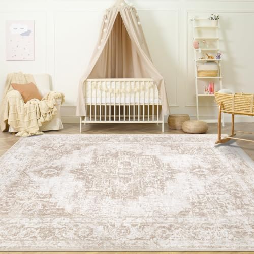 Area Rug 4x6 Vintage Rug: Washable Indoor Medallion Rugs Low Pile Distressed Floor Carpet Retro Accent Rug for Living Room Bedroom Kitchen Dining Table Home Office(Beige, 4'x6') - color: Beige, size: 4' x 6' (Rectangular)
