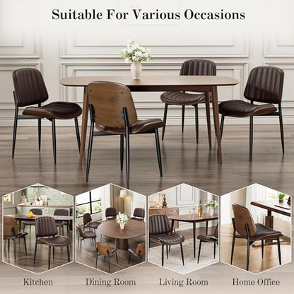 Dining Chairs Set of 2, Mid-Century Modern Upholstered PU Leather Chairs | with Walnut Bentwood Back and Metal Legs Adjustable Feet for Kitchen Dining Living Room, Dark Brown Vertical Stripes - color: Dark Brown Vertical Stripes