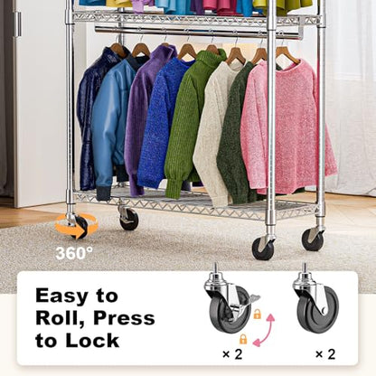 M MZG Heavy Duty Rolling Garment Rack 3 Tiers Adjustable Wire Shelving Clothes Rack with 2 Rods and Side Hooks,Storage Closet Clothing Rack with Wheels Chrome 15.7" D x 45.3" W x 79.6" H - color: Chrome, size: 3 Tier and 2 Rod 15.7"D x 45.3"W x 79.6"H