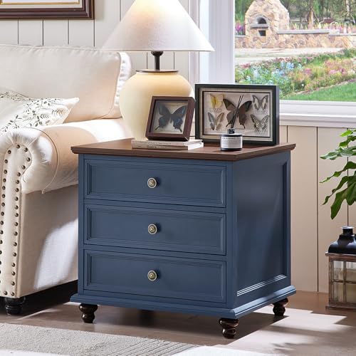 Joaxswe 24" Wide Farmhouse Night Stand,Large End Table with 3 Drawers & Metal Handle,Blue Wood Dresser for Bedroom Cabinet, Bed Side Tabl·e Chest of Drawers,Nightstand for Living Room,Close - color: Blue, size: 24"W (3 Drawers)