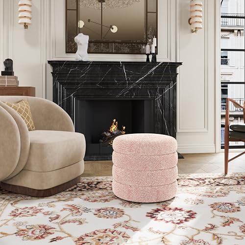 allamazing Storage Ottoman, Round Ottoman with Storage, Vanity Stool Foot Rest with Removable Lid, Round Boucle Upholstered for Living Room Pouf Footstool (Pink) - color: Pink