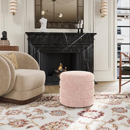 allamazing Storage Ottoman, Round Ottoman with Storage, Vanity Stool Foot Rest with Removable Lid, Round Boucle Upholstered for Living Room Pouf Footstool (Pink) - color: Pink