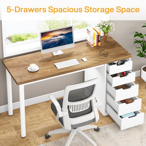 Tribesigns Computer Desk with 5 Drawers, 47 inches Rustic Brown Home Office Desk with Storage, Modern Simple Laptop Desk Study Writing Table for Small Spaces (1, Walnut+White) - color: Walnut+white