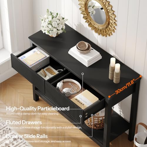 HOOBRO 39.4" Console Table with 2 Wavy Drawers, Narrow Long Entryway Table with Storage Shelf, 2 Tier Modern Sofa Table Wooden Behind Couch Table, Hallway Table for Living Room, Black BK89XG01N1