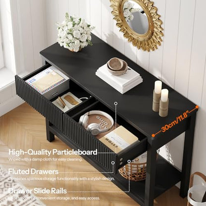 HOOBRO 39.4" Console Table with 2 Wavy Drawers, Narrow Long Entryway Table with Storage Shelf, 2 Tier Modern Sofa Table Wooden Behind Couch Table, Hallway Table for Living Room, Black BK89XG01N1