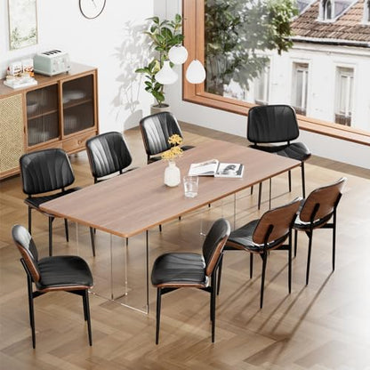YaFiti Mid Century Dining Chairs Set of 2 with Walnut Bentwood, Black | Ergonomic Walnut Backrest, Upholstered Waterproof PU Leather Seat, Stable Metal Legs, Adjustable Footpads, Apartment Friendly - color: Black Scallop