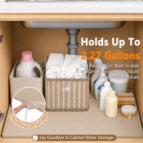 34"x22" Silicone Shelf Liner & Waterproof Under Sink Mat(Beige) | Durable Under Sink Organizer Tray with Raised Edge, Protects Bottom Cabinets & Shelves from Leaks & Cleaning Supplies - color: Beige