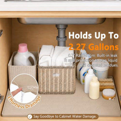 34"x22" Silicone Shelf Liner & Waterproof Under Sink Mat(Beige) | Durable Under Sink Organizer Tray with Raised Edge, Protects Bottom Cabinets & Shelves from Leaks & Cleaning Supplies - color: Beige