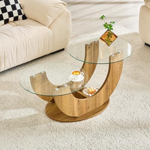 Modern Glass Coffee Table, 31.8" U-Shaped Wood Base Side Table with Tempered Glass Top, 2-Tier Round Accent Table with Natural Wood Finish for Living Room, Bedroom, Office - color: Natural Wood, size: 31.8" U-Shaped