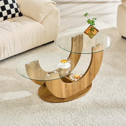 Modern Glass Coffee Table, 31.8" U-Shaped Wood Base Side Table with Tempered Glass Top, 2-Tier Round Accent Table with Natural Wood Finish for Living Room, Bedroom, Office - color: Natural Wood, size: 31.8" U-Shaped