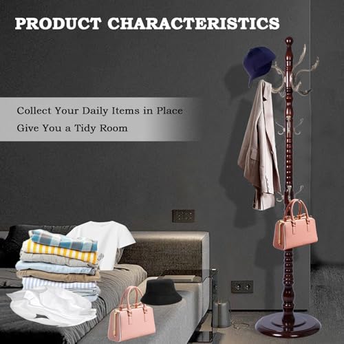 Coat Racks FreeStanding with 14 Hooks, Natural Wood Coat Rack with Solid Round Base, Adjustable Height Coat Racks, Easy Assembly for Hallway, Bedroom and Office (Reddish Brown-Metal Hook) - color: Reddish Brown-Metal Hook