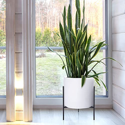 D'vine Dev Cylinder Planter Pot with Metal Stand, White, 14 in, 96-T-A-4 | Durable Fiberclay Construction, Sleek Modern Design, Heavy-Duty Iron Stand, Drainage Hole & Saucer, Elegant Indoor Display - color: White, size: X-Large 14 Inch