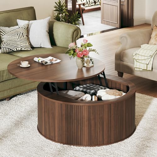 HUAHUU Round Coffee Table with Storage, 31.5" Lift Top Coffee Table, Mid Century Modern Coffee Tables for Living Room, Apartment Office, Fluted Table with Rustic Wood Desktop, Walnut