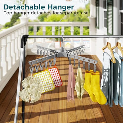 KINGBOARD 2-Tier Clothes Drying Rack, 72" H Drying Rack, 7 Rotatable Arms | 360° Rotatable Arms, 27 Hanger Holes, 24 Clips, Stainless Steel, Tool-Free Setup, Portable for Travel & Home, 30lbs Hold - size: 2 Tier