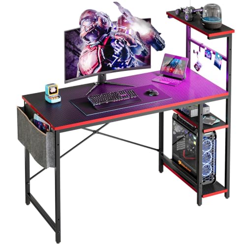 Bestier Gaming Desk with LED Lights, 44 Inch PC Gamer Desk for Small Spaces, Computer Desk with Reversible Storage Shelves & Side Storage Bag (Black 3D Carbon Fiber) - color: Black Carbon Fiber, size: 44 Inch