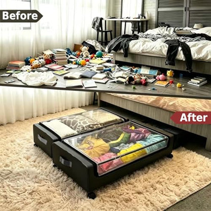 Under Bed Storage with Wheels, 2Pack 50L Organizer with Clear Lid & Label | Underbed Shoe Storage Organizer, Rolling Under Bed Metal Drawers for Clothes&Blankets, Large Capacity, Dust-proof, Foldable