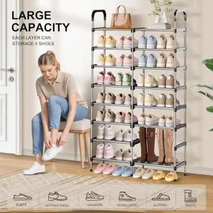 8-Tier Stackable Metal Shoe Rack, Removable Boot Shelf, Black | Sturdy Metal Shelves, Holds 32 Pairs, Tall Boot Tier, Space-Saving, Expandable, Easy Assembly, for Entryway, Closet - size: 8 Tiers (32.3"W)