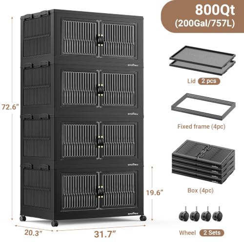 BROVIEW 800Qt Stackable Storage Bins with Lid for Home Dorm, 4Pack Black | Closet Organizers, Foldable & Collapsible Cabinets, Large Containers, Wheels & Magnetic Doors, Plastic Drawers for School - color: Black, size: 200QT-4Pack