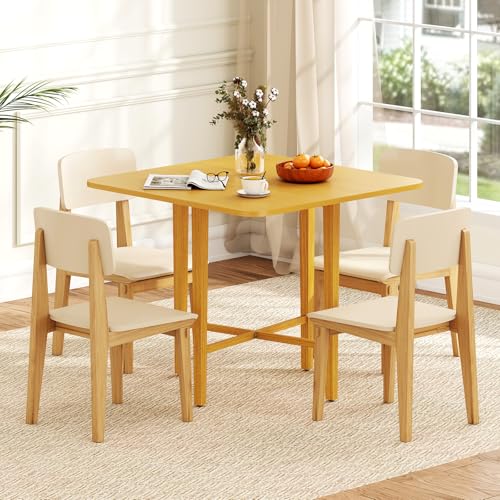 GOFLAME Square Drop Leaf Dining Table for 2-4 People, Folding Kitchen Table with Solid Rubber Wood Legs, Farmhouse Extendable Table for Dining Room, Living Room, Small Space, Natural - color: Natural