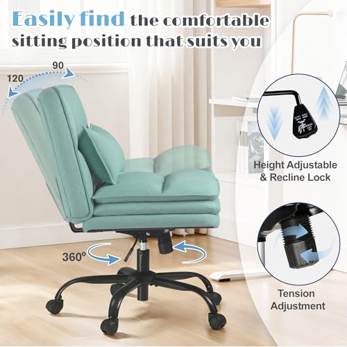 Furmax Criss Cross Legged Office Chair with Wheels, Armless Extra Wide Seat Swivel Desk Chair, Adjustable Height Comfy Task Chair with Thick Cushion for Home Office Bedroom Vanity (Fabric, Green) - color: Green