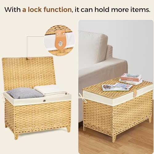 Wicker Storage Basket with Lid, 160L Shelf Basket with Removable Liner Bag | Rattan-Inspired Woven Design, Elevated Feet, Storage Trunk for Wardrobe, Bedroom & Home Organization - color: Natural, size: 160L