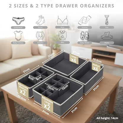 DECOMOMO Adjustable Drawer Organizer Clothes, 12 Pack Drawer Dividers | Fabric Storage Bins, Baby Dresser Organizer for Nursery, Underwear, Bra, Socks (Grey)