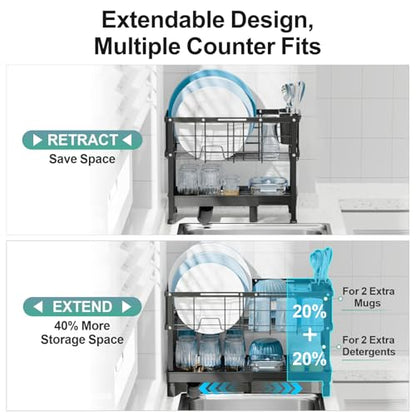 Large 2 Tier Dish Drying Rack - Expandable for Kitchen Counter Black | Spacious Drying Space, 360° Rotating Drain Spout, 12.2 in Deep Design, Removable Utensil Holder, Rust-Resistant, Stable Frame - color: Black, size: Large - 20.7"L x 12.2"D x 13.4"H