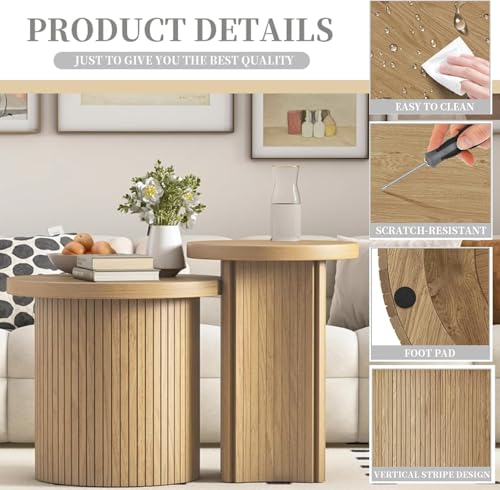 Nesting Coffee Tables Set of 2,Farmhouse Small Round Side Tables | 17.6" End Table with Wooden Fluted,Stacking coffee tables Space Saving Sofa Table for Living Room,Easy Assembly - color: Small Size-set