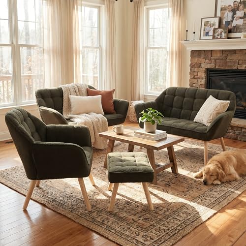 Green Sherpa Accent Chair with Ottoman ，Modern Reading Chairs with Ottoman Set, Comfy Fuzzy Armchair Living Room Chair Lounge Chair with Wood Legs for Small Spaces Bedroom Apartment - color: Green, size: Chair with Ottoman